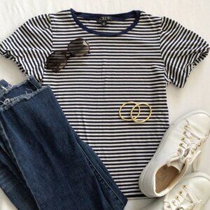 J. Crew Blue & White Striped Puff Sleeve Tee Sz XS
